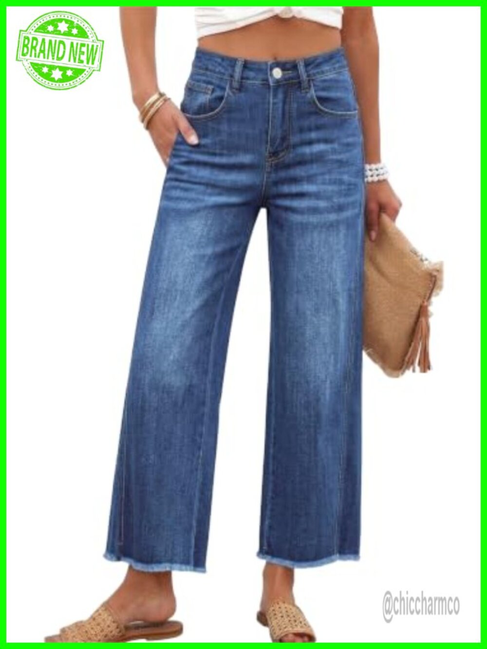 Women's Wide Leg High Waisted Cropped Jeans Raw Hem Stretch Denim Pants